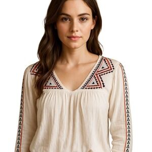 Boho O'Neill White Peasant Blouse  Geometric Embroidered Sleeves LongWomen's S